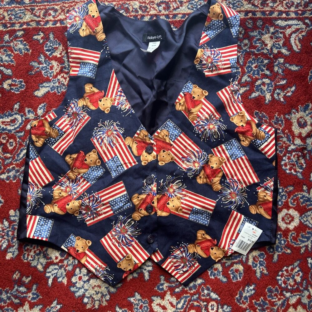 Vintage Robyn-Lyn Womens 4th Of July Vest Bear Holiday Large XL American NWT